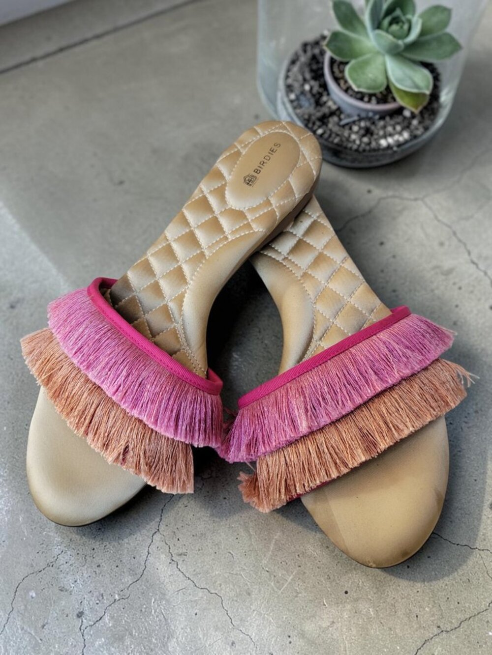 Birdies The Sparrow Fringe Slide Sandal Sangria Pink Ombre sz 10 Boho Chic